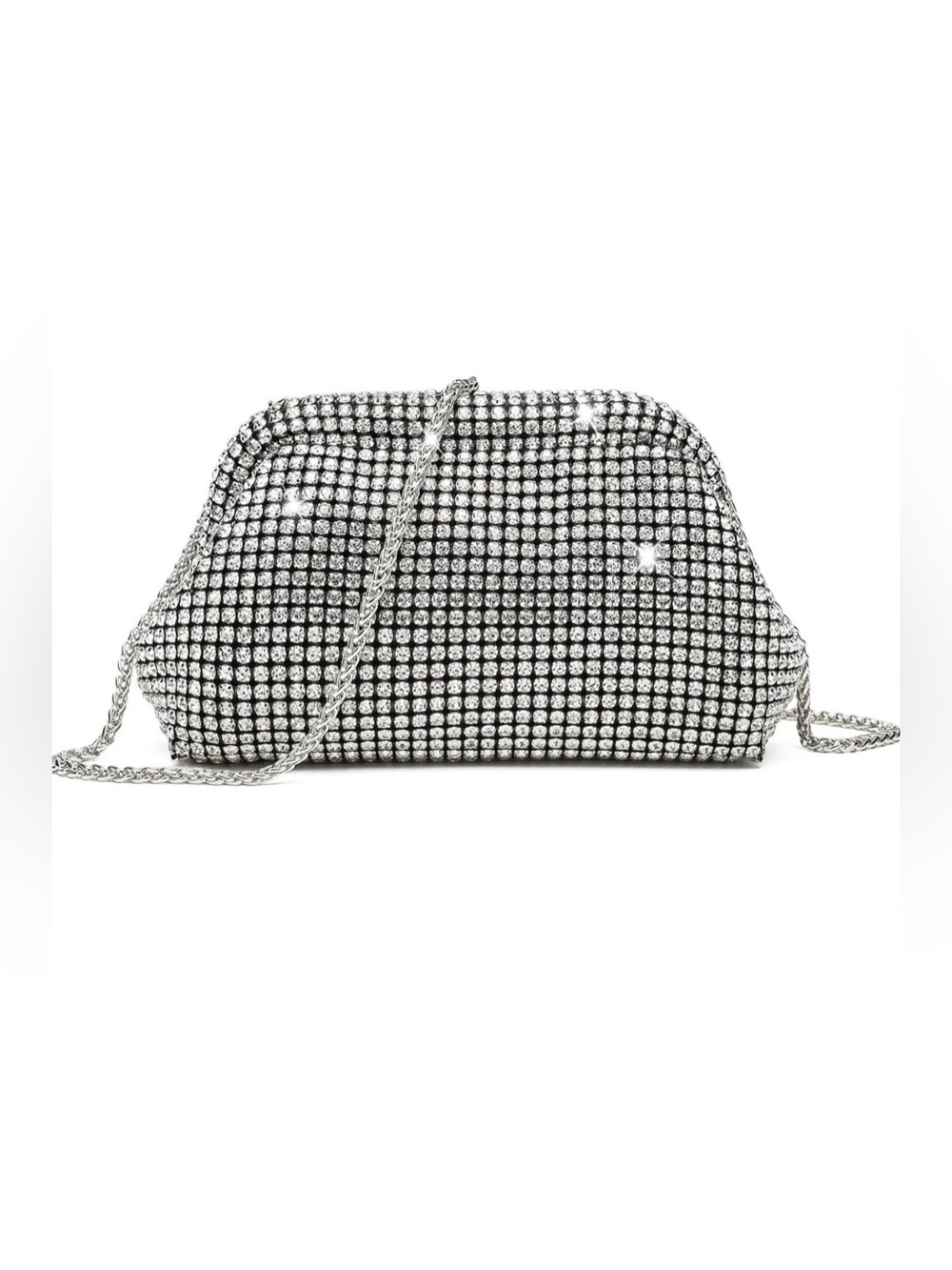 Rhinestone Mesh Evening Clutch with Chain Strap - Silver